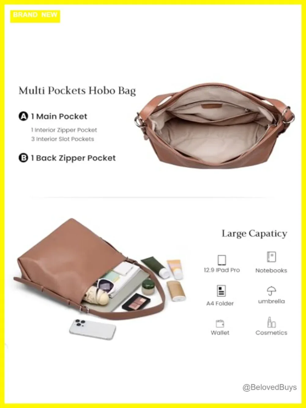 Genuine Leather Crossbody Hobo Purse with 2 Straps, Large Capacity Shoulder Bag